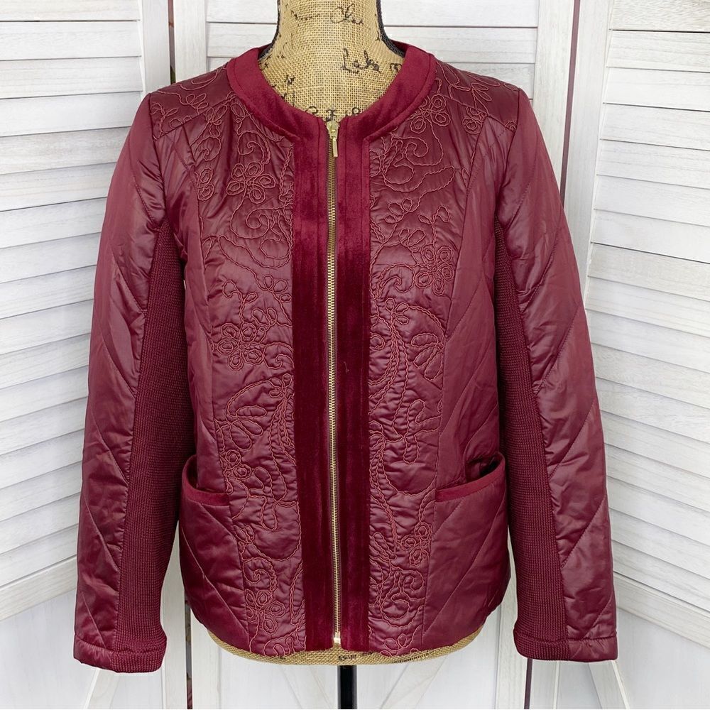 Zenergy‎ by Chico's Quilted Embroidered Puffer Moto Jacket Maroon Red Small